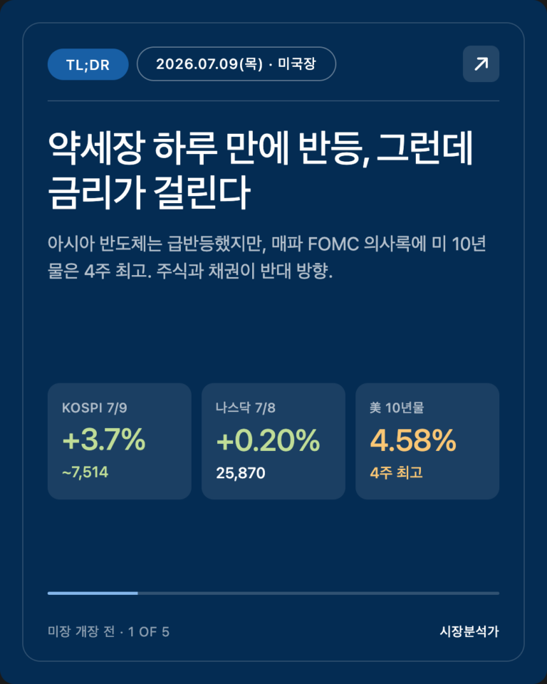 2026.07.09(목) 미국 증시 시황 총정리 — 나스닥·S&P500 전망 한눈에