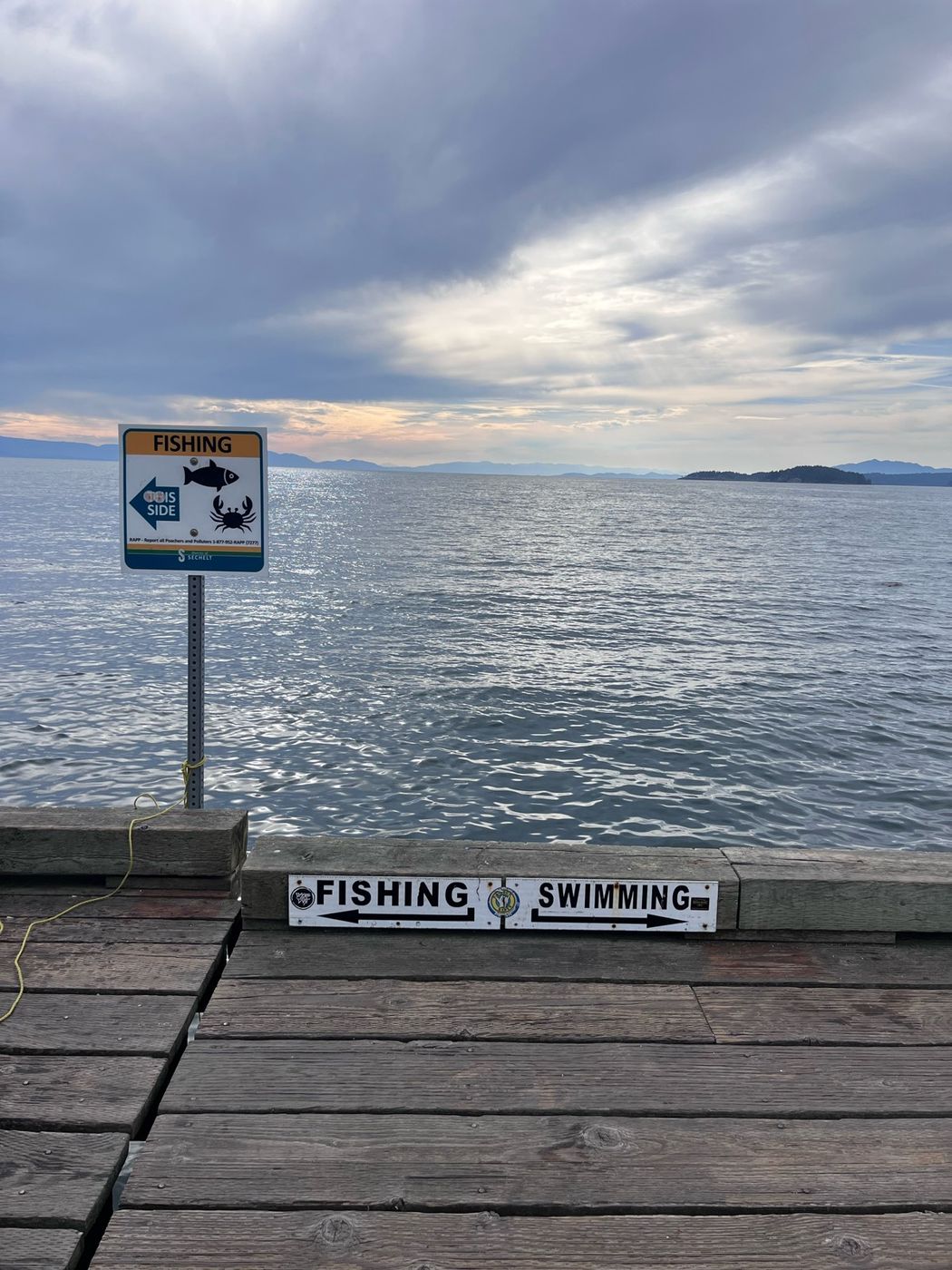 피어 위 FISHING과 SWIMMING 구역을 나눈 표지판