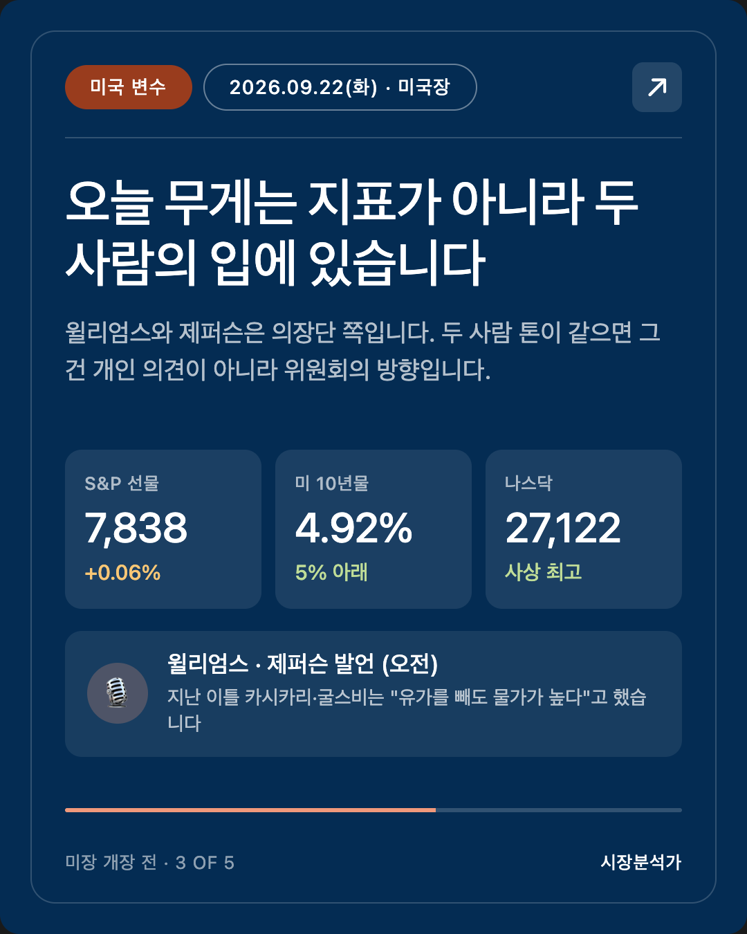 미국 변수 — 오늘 무게는 지표가 아니라 두 사람의 입에 있습니다