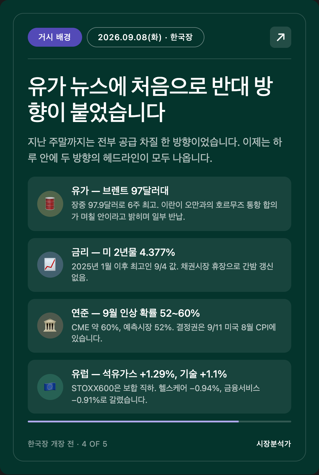 거시 배경 — 유가 뉴스에 처음으로 반대 방향이 붙었습니다