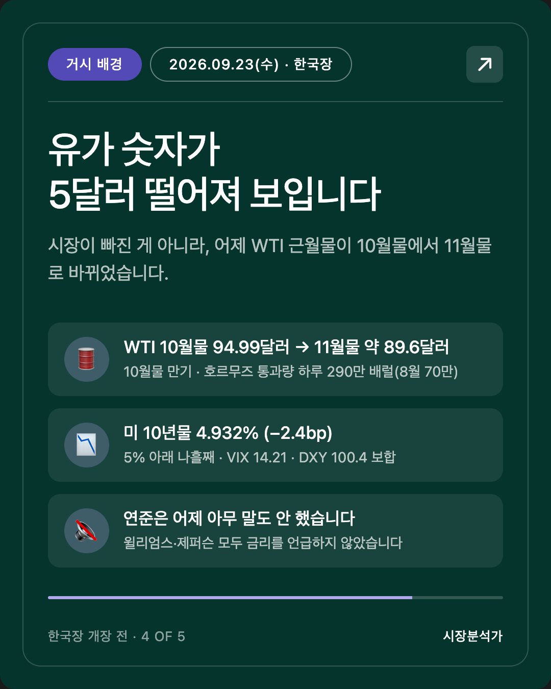 거시 배경 — 유가 숫자가 5달러 떨어져 보입니다