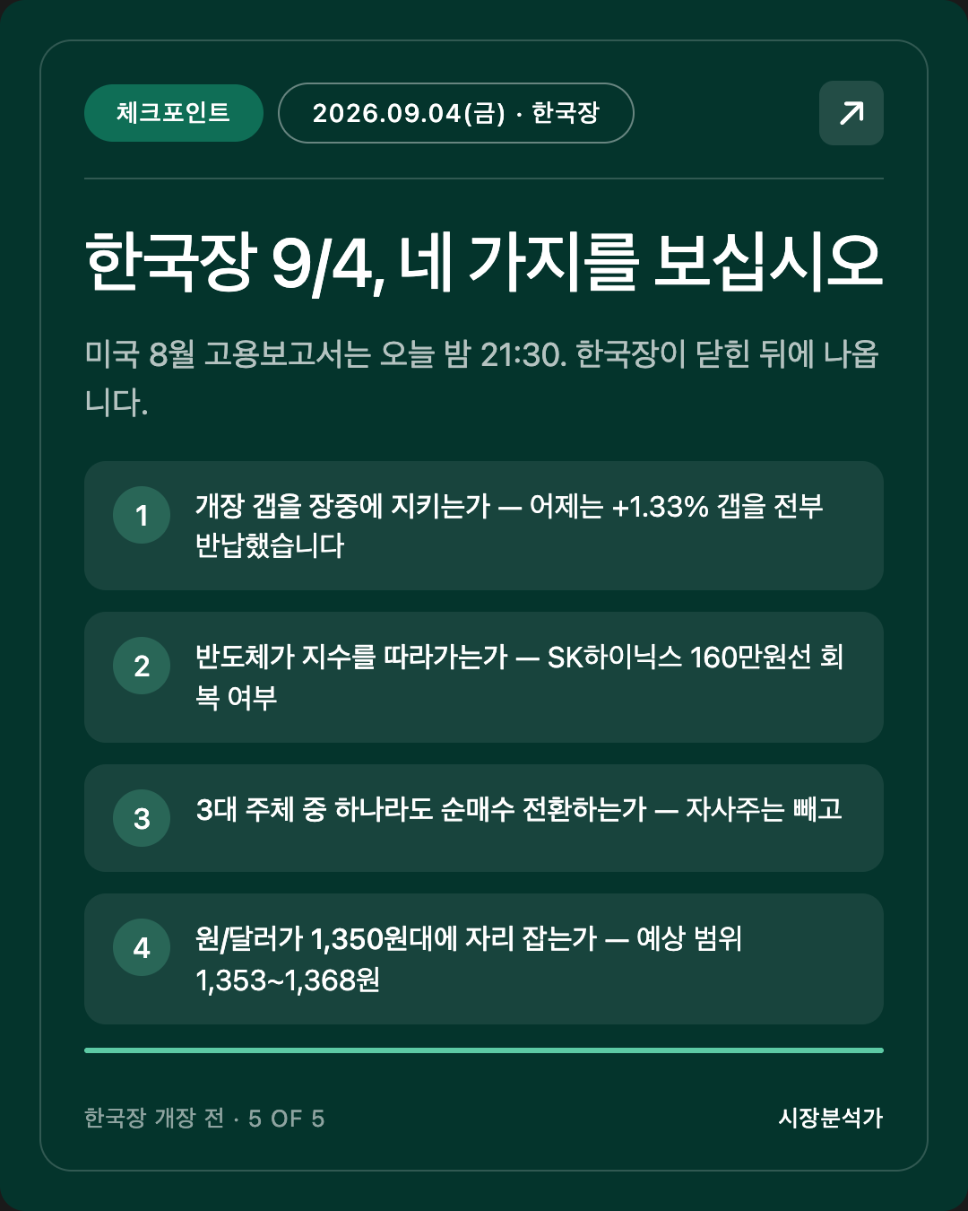 체크포인트 — 한국장 9/4, 네 가지를 보십시오