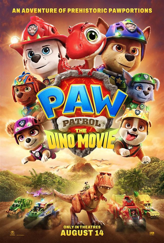 퍼피구조대 다이노 무비(PAW Patrol: The Dino Movie) 공식 극장판 포스터 — 공룡 섬을 배경으로 한 퍼피구조대 대원들