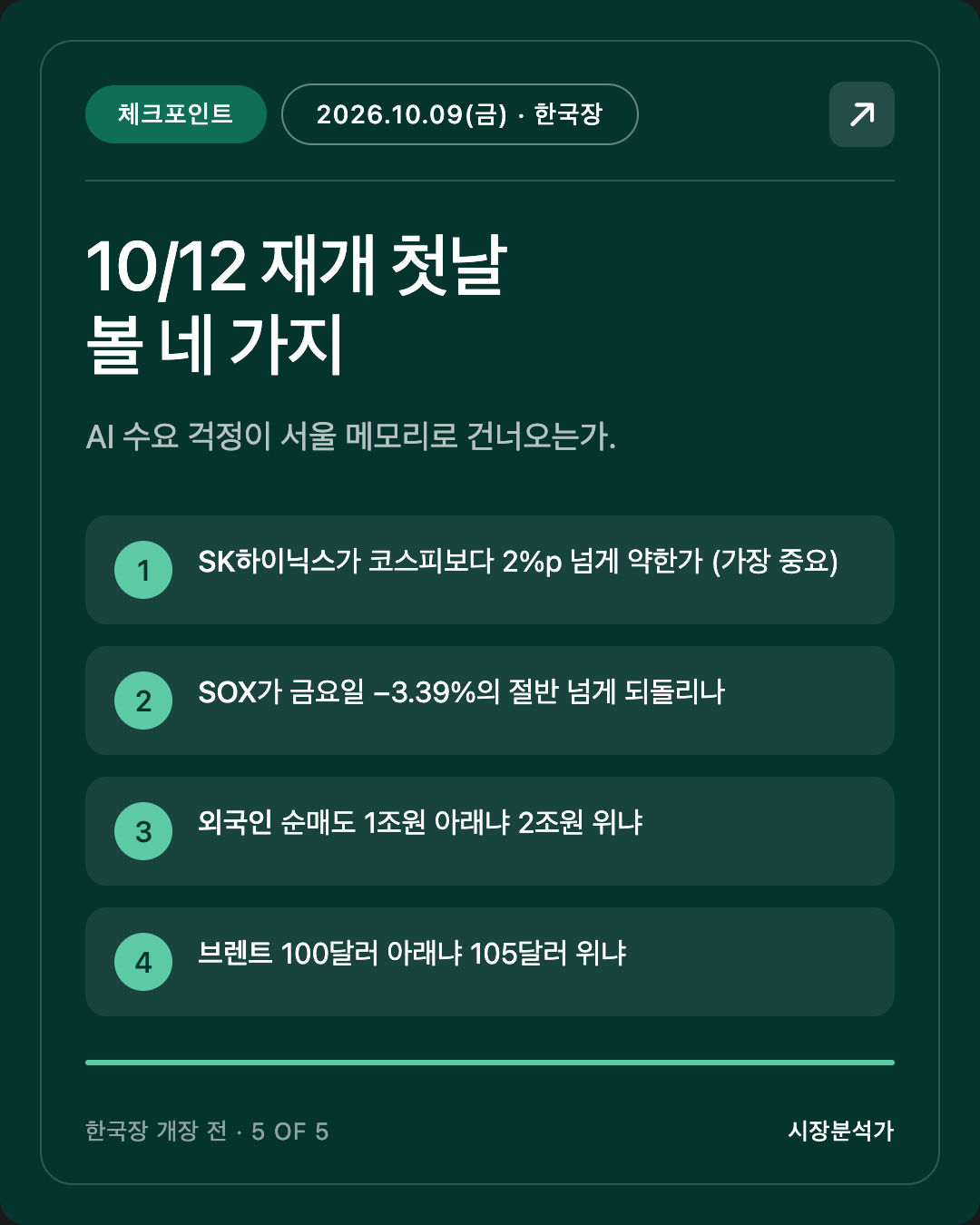 체크포인트 — 10/12 재개 첫날 볼 네 가지